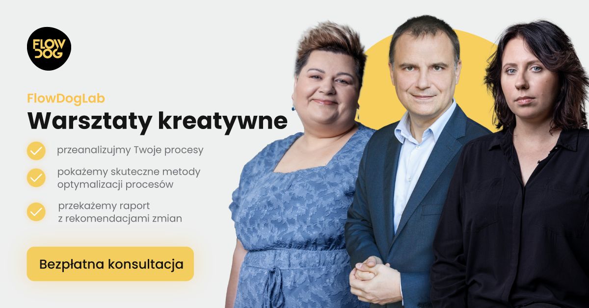 FlowDogLab Warsztaty kreatywne. Przeanalizujemy Twoje procesy, pokażemy skuteczne metody optymalizacji procesów, przekażemy raport z rekomendacjami zmian. Bezpłatna konsultacja. Od lewej: Aneta Gańko, Dominik Dubrowski, Karolina Odzimkowska.